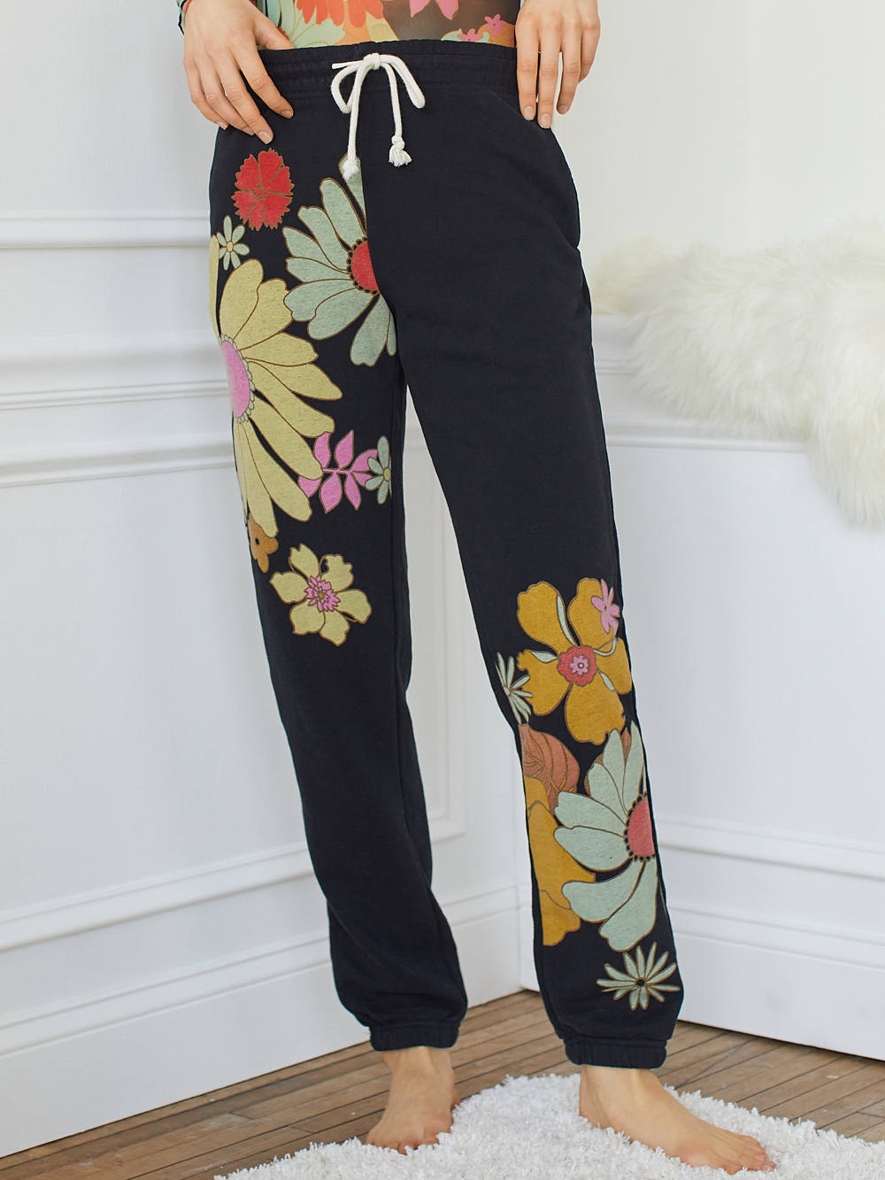 Out from Under Urban Outfitters Kya Black Printed Jogger Pants Floral Size Small